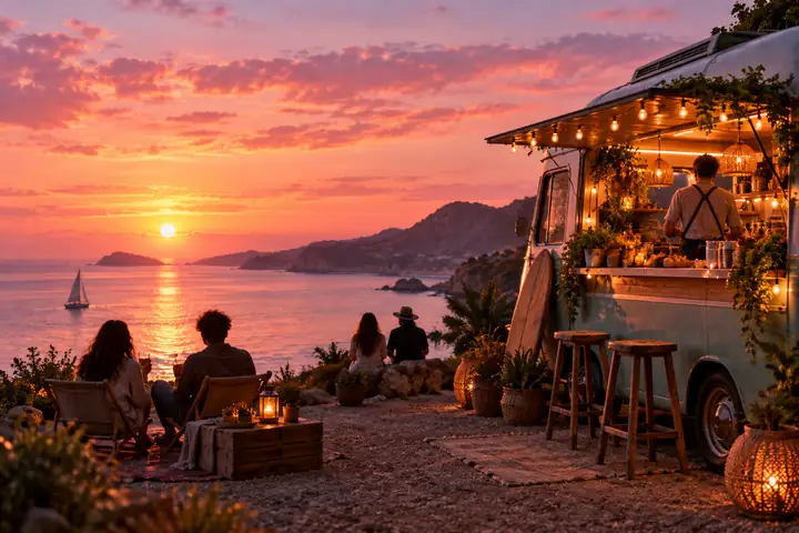 Verträumter Foodtruck an der Küste bei Sonnenuntergang, gespiegelt im pastellfarbenen Meer