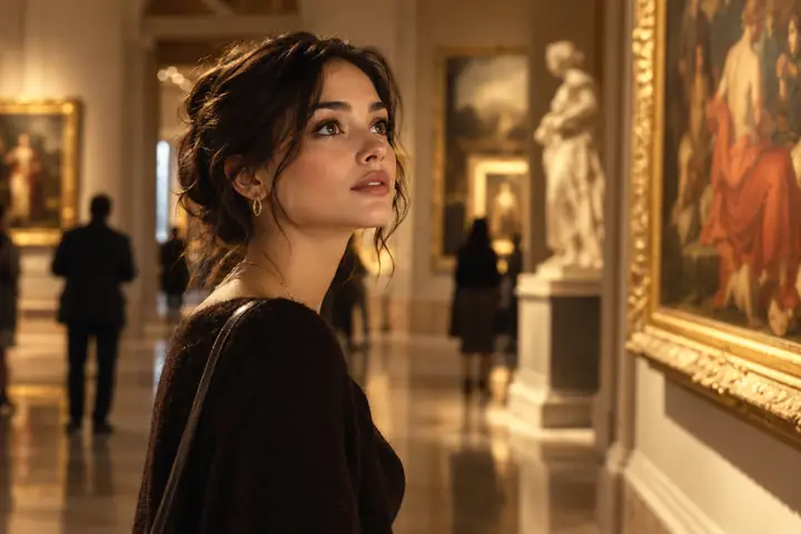 Filmisches Porträt einer Frau in einer warm beleuchteten Museumsgalerie