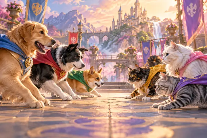 Drei Hunde und drei Katzen, die sich in einer fantasievollen Wettbewerbsszene in Pastellfarben gegenüberstehen
