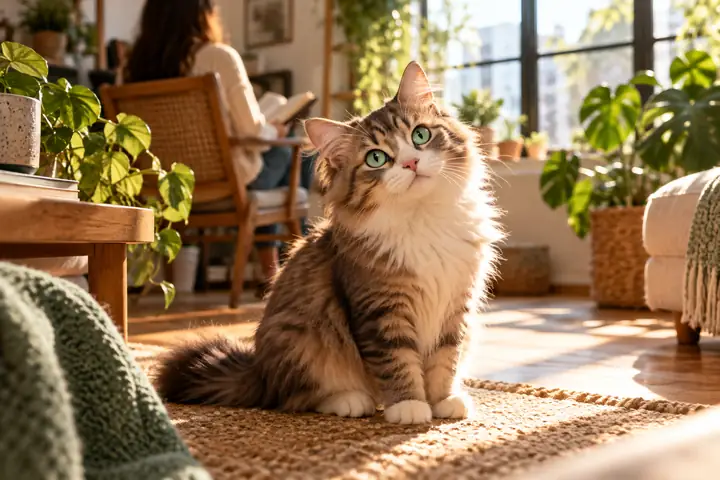 Neugierige illustrierte Katze mit mintgrünen Augen, die in einem sonnendurchfluteten Zimmer sitzt
