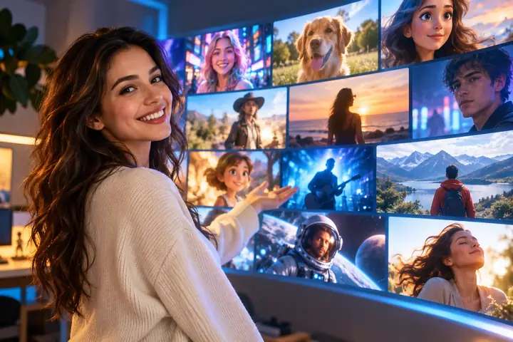 Content-Creator, der lächelnd neben einer leuchtenden Wand mit KI-Videovorschau steht