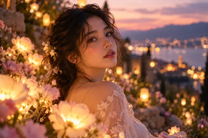 Verträumtes Porträt einer Person, umgeben von leuchtenden Blumen und sanftem abendlichem Bokeh