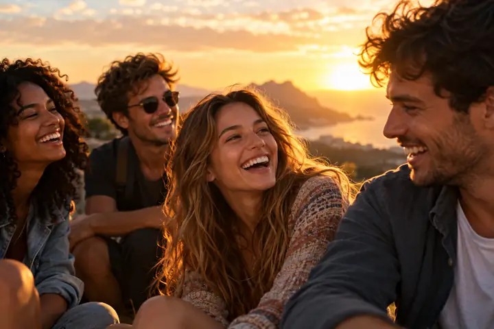 Gruppe von Freunden, die in einer warmen, filmischen Außenszene zusammen lachen