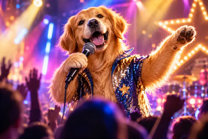 Fröhlicher Hund, der bei einem farbenfrohen animierten Auftritt in ein Mikrofon singt