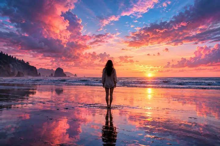 Reisender, der an einem spiegelnden Strand unter einem leuchtend rosa-blauen Himmel steht