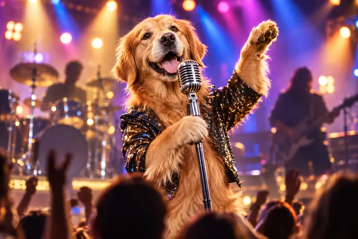 Fröhlicher Golden Retriever, der auf einer farbenfrohen Bühne in ein Vintage-Mikrofon singt